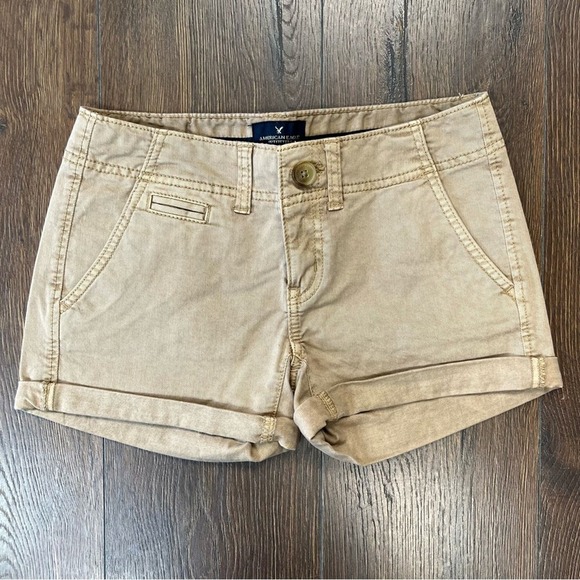 American Eagle khaki Shortie shorts SZ 0 - Picture 1 of 4